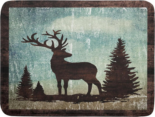 Retro Deer Forest Cabin Silhouette Dish Drying Mat Countertop 18x24 Fall Blue Sky Cloud Cartoon Elk Wild Animal Bushes Drainer Mat Pine Tree Grass Dishes Pad Rustic Moose Dish Drainer Rack