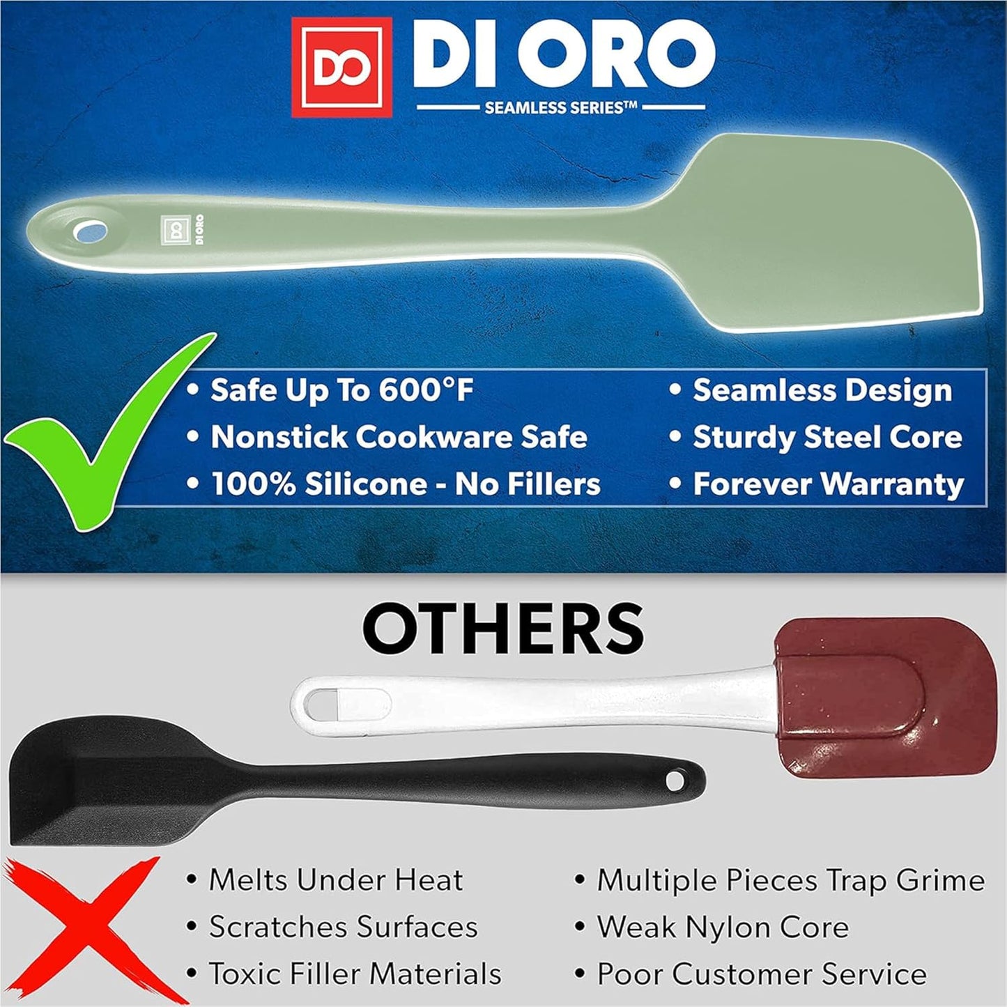 DI ORO Silicone Spatula - 600°F Heat-Resistant Rubber Kitchen Spatula for Baking, Scraping, & Mixing - BPA Free Nonstick Cookware Safe Flexible Utensil for Cooking - Seamless & Dishwasher Safe (Sage)