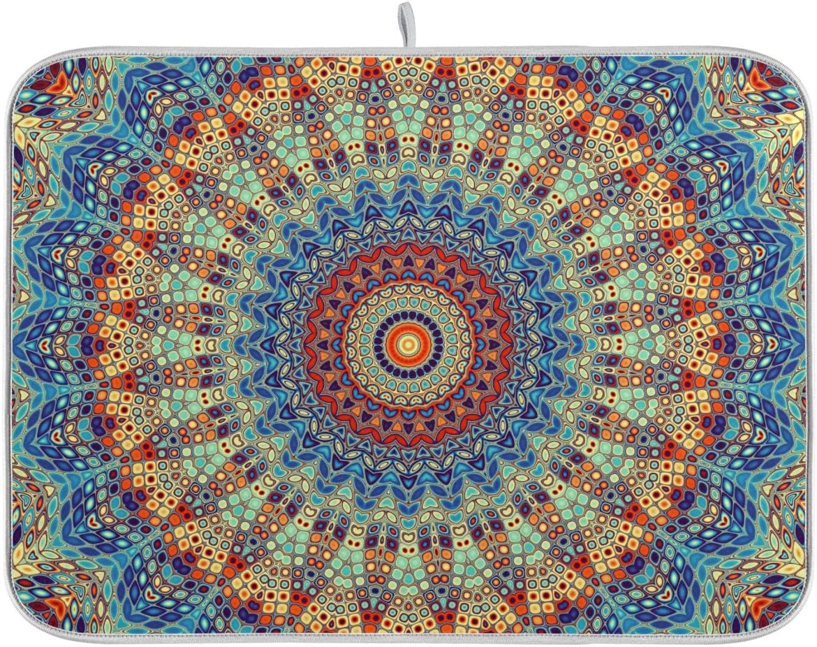 Bohemian Mandala Dish Drying Mat for Kitchen Counter Boho Ethnic Drying Mat 16 x 18 Inch with High Absorbent Reversible Microfiber Dish Drying Pad Dish Rack Pad Drainer Mat for Coffee Bar