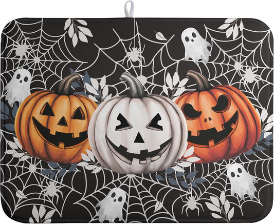 Halloween Pumpkin Dish Drying Mats Spooky Ghost Dish Mat Kitchen Spiders Large Drying Matt Dishes Dryer Pad for Kitchen Counter Absorbent Microfiber Washable Foldable Reusable 18x24 in