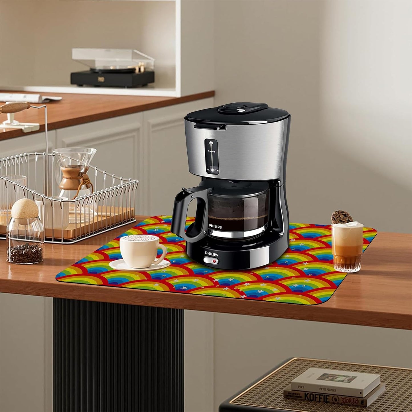 Kitchen Mat Rainbow Half Circle Star Dish Drying Mat 16"x24" Bsorbent Coffee Maker Mat for Sink Dishes or Under Rack Kitchen Counter Accessories Absorbent Hide Stain Rubber Backed Dish Drying Pad