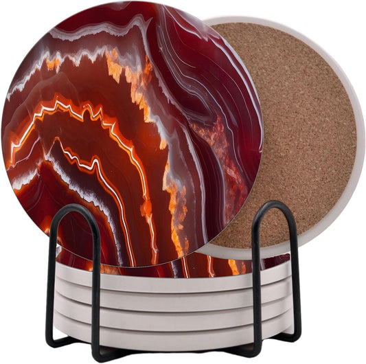 Red Agate Marble Round Coasters Set of 6 - Abosrbent Ceramic Coasters with Metal Stand for Drinks, Coffee, Non-Slip Cork Back for Tabletop Protection, 4 Inches Marbled Pattern (Agate)