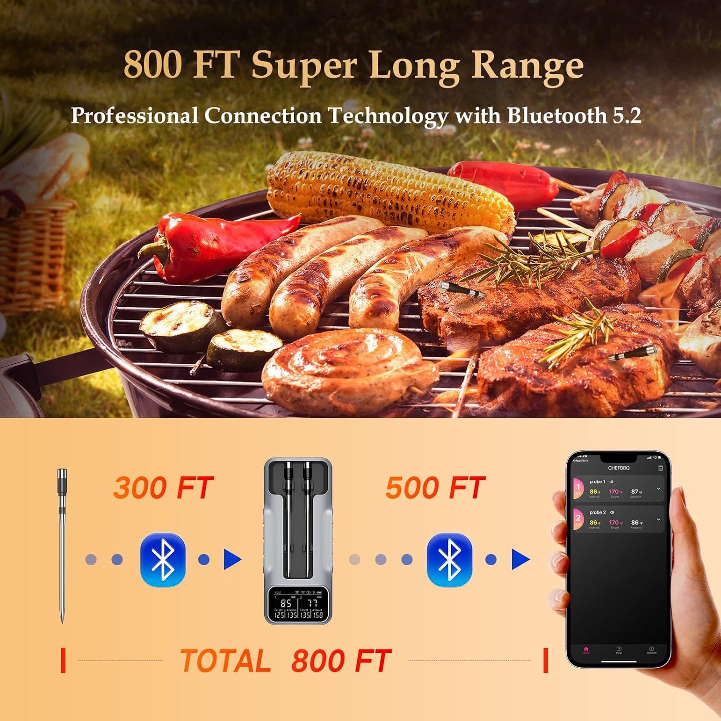 800FT Smart Wireless Meat Thermometer with Digital Meat Probe, Bluetooth Meat Thermometer with App Host Control for Barbecue, Outdoor Grilling, Oven & Smoker (Two*Probe-01)