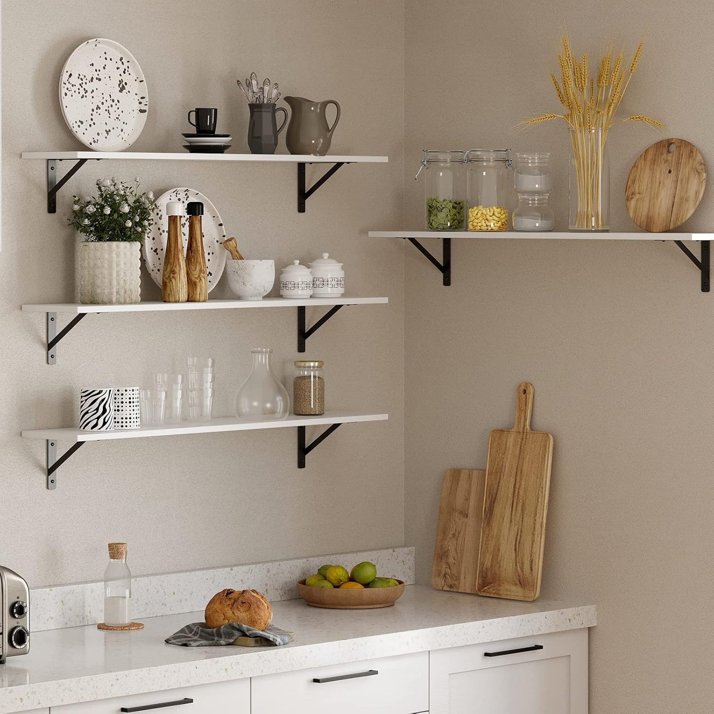 DINZI LVJ Long Wall Shelves, 39.4Inch Wall Mounted Shelves Set of 2, Easy-to-Install, Wall Storage Ledges with Sturdy Metal Brackets for Living Room, Bathroom, Bedroom, Kitchen, White