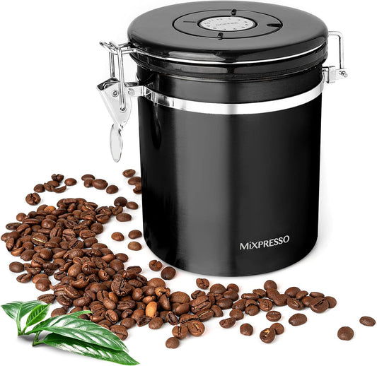 Mixpresso 16 Oz Black Coffee Canister, Stainless Steel Airtight Coffee Container, Air tight Jar Tea Storage with Date Tracker, Vacuum Sealed Espresso Airtight Canister, Sugar Container for Home