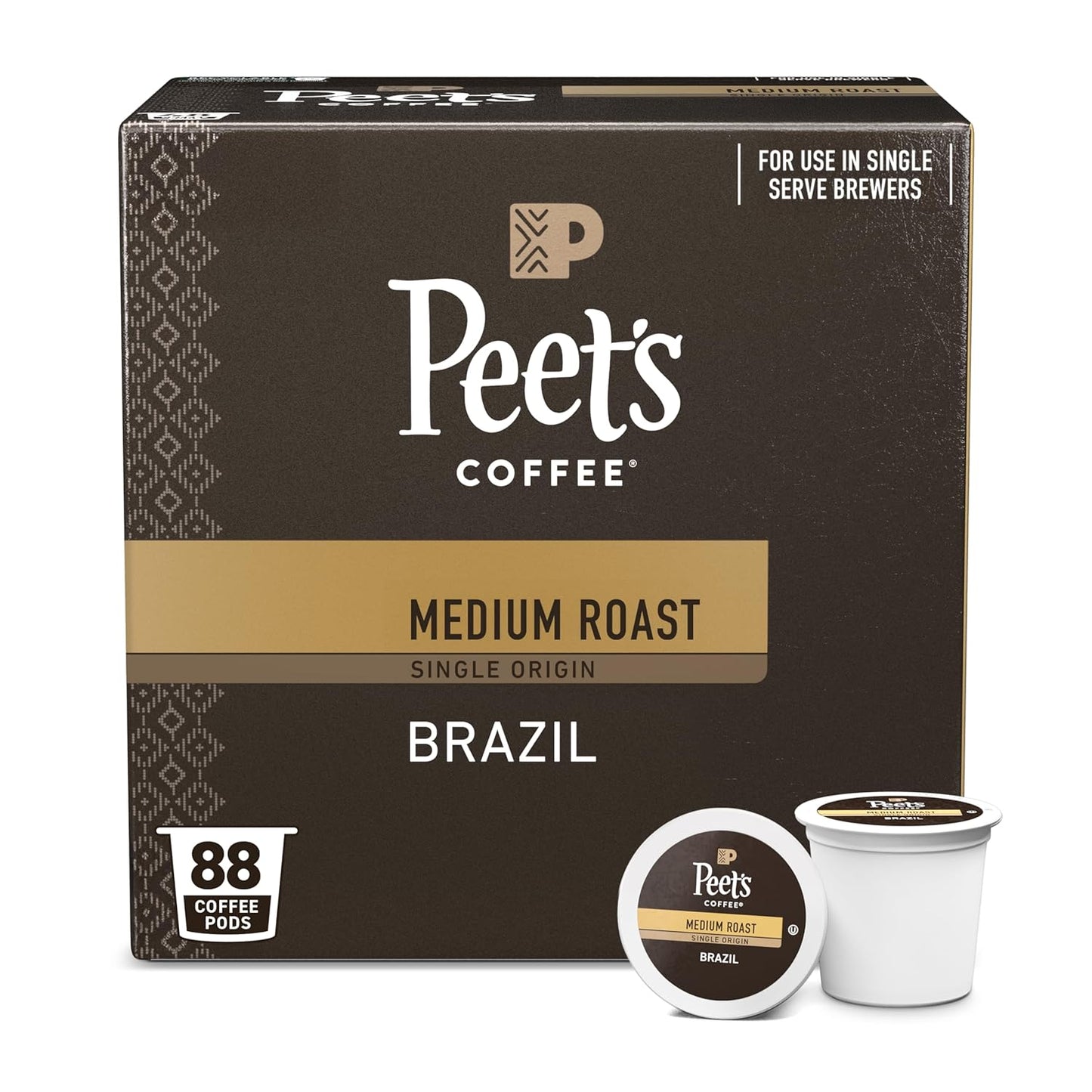 Peet's Coffee, Medium Roast Single Serve Coffee Pods - Single Origin Brazil 88 Count (4 Boxes of 22 Pods)