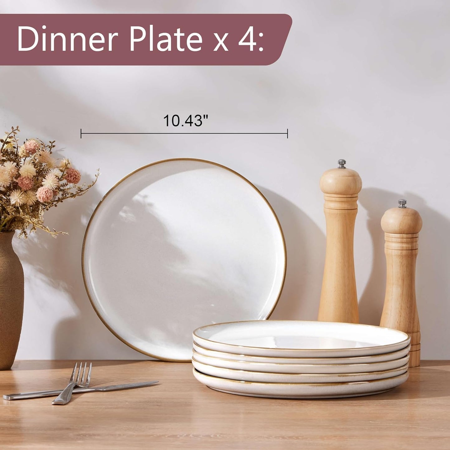 Herogo Ceramic 10.43 Inch Dinner Plates Set of 6, Stoneware Dinner Plate Set, Double Reactive Glaze Large Dinnerware Plates for Kitchen, Microwave, Oven & Dishwasher Safe, Ivory White