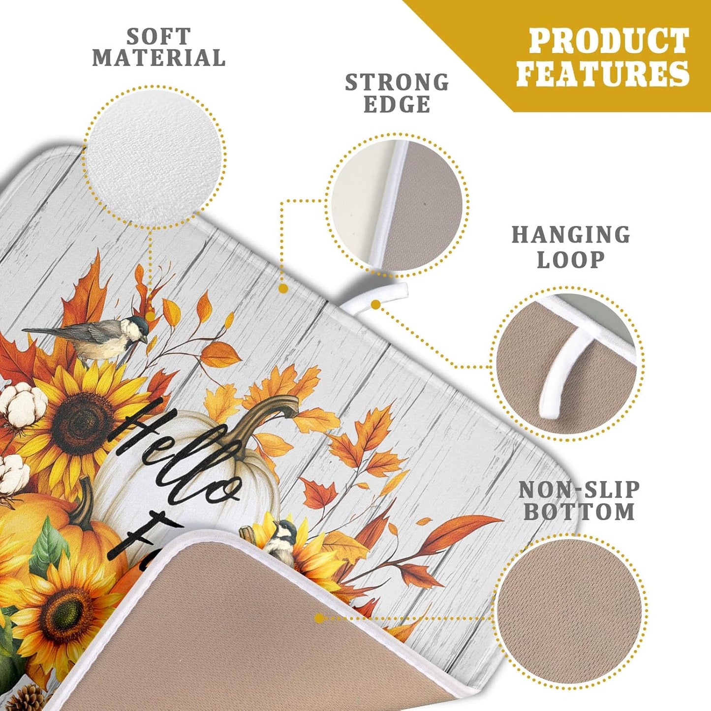 Hello Fall Sunflowers Dish Drying Mat for Kitchen Counter,Autumn Pumpkin Maple Leaves Drying Mat 16 x 18 Inch with High Absorbent Microfiber Dish Drying Drainer Mat for Coffee Bar