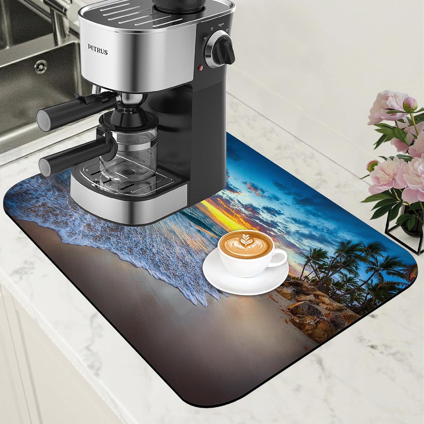 Sunrise over the Beach Coffee Mat Absorbent Dish Drying Mat for Kitchen Counter Hide Stain Rubber Backed Coffee Bar Accessories Fit Under Espresso Machine Cafe Table, 11.8 x 19.7 Inch