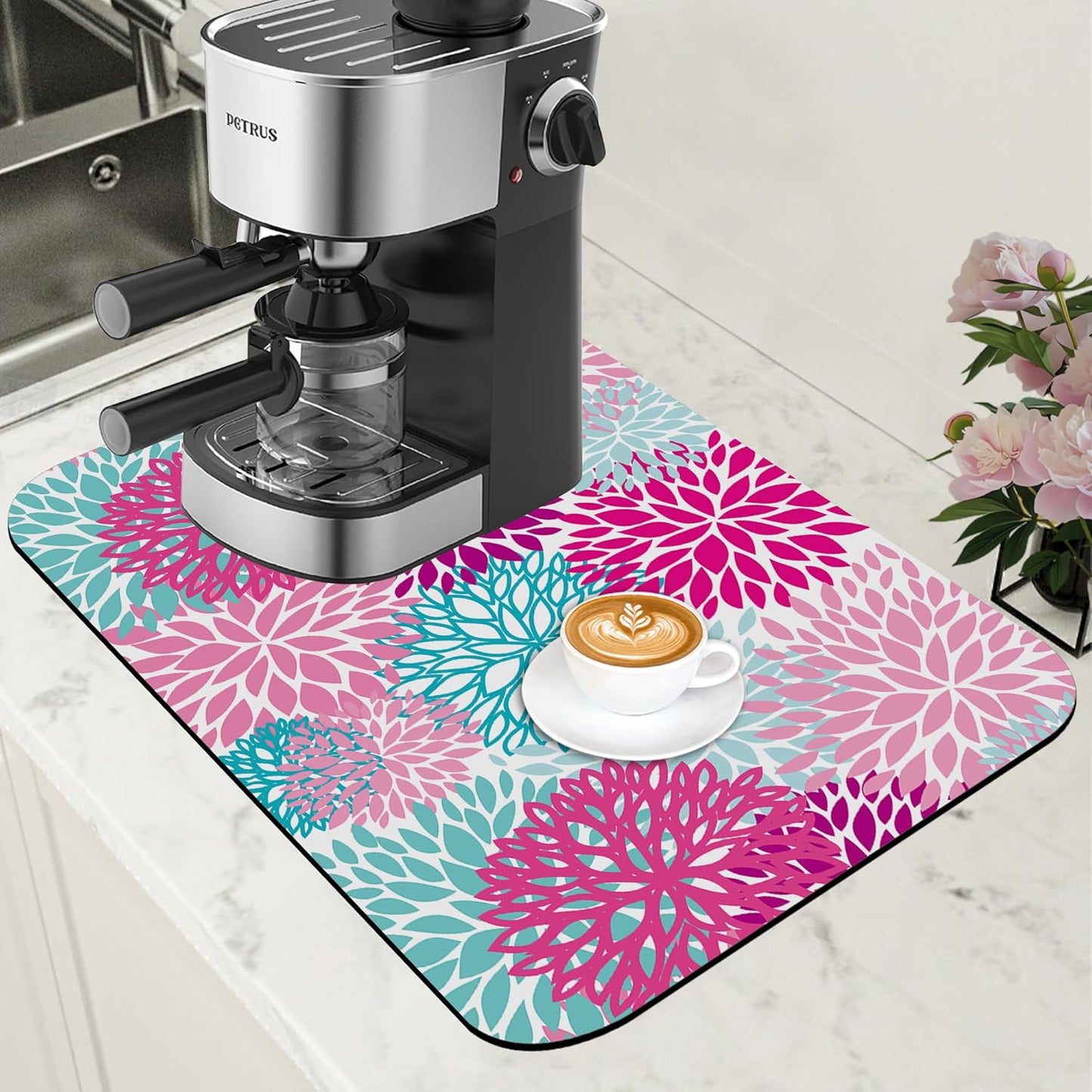 Pink Blue Chrysanthemum Flowers Dish Drying Mat for Kitchen Counter Coffee Bar Mat Hide Stain Absorbent Rubber Backed Drying Rack Pad Espresso Machine Coffee Bar Accessories 11.8 x 19.7 Inch