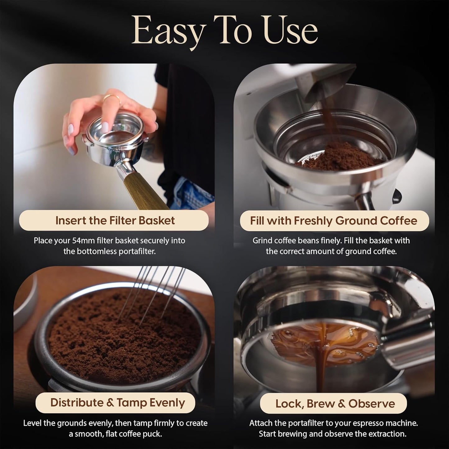 Bottomless Portafilter 54mm - Stainless Steel Filter Basket and Ergonomic Mahogany Wood Handle - Compatible with Breville 54mm Bottomless Portafilter Coffee Machine Models