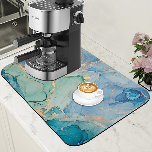 Turquoise and Blue Marble Coffee Mat Absorbent Dish Drying Mat for Kitchen Counter Hide Stain Rubber Backed Coffee Bar Accessories Fit Under Espresso Machine Dish Drainer, 11.8 x 19.7 Inch