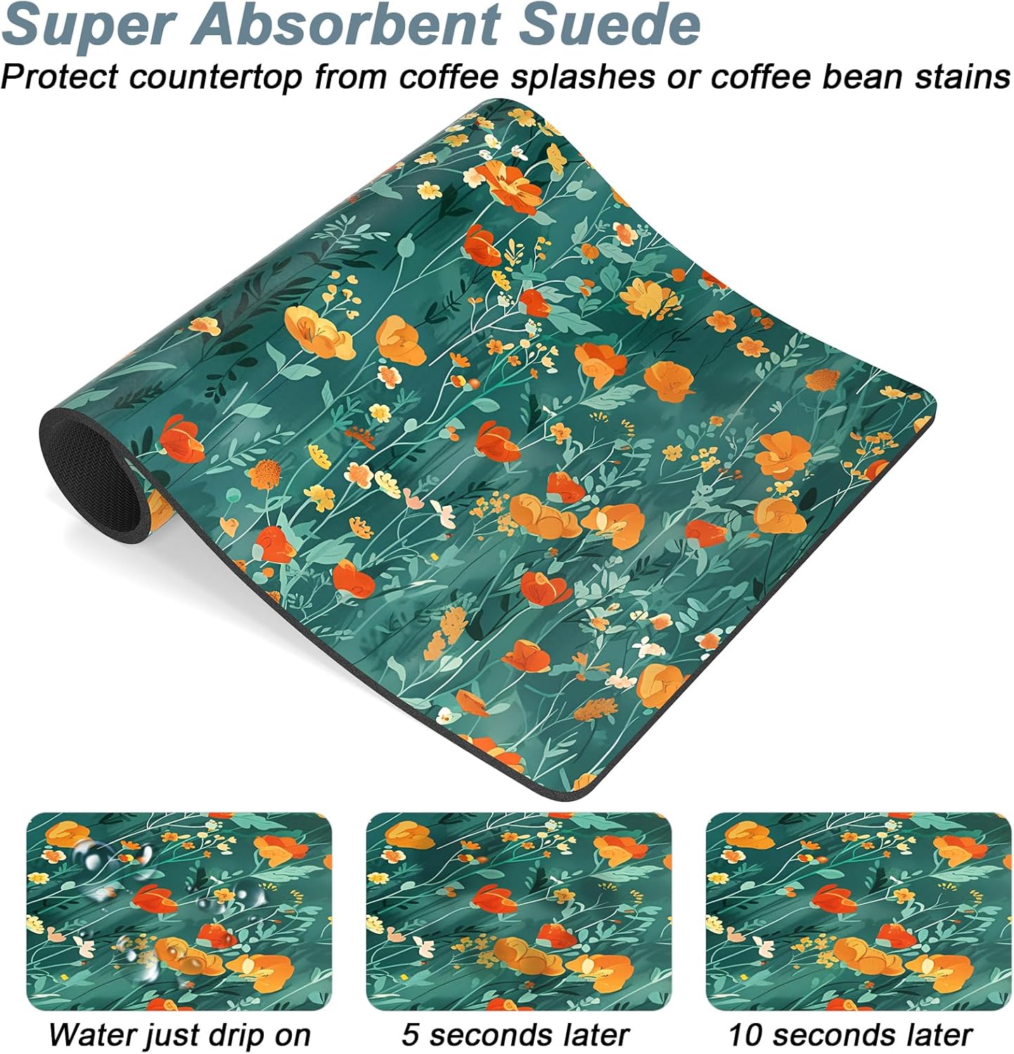 Rnivvi Coffee Mat, 12" x 19" Cute Coffee Bar Mats for Espresso Machine Station Accessories and Organizer, Hide Stain Rubber Backed Absorbent Dish Drying Pad for Kitchen Counter, Gentle Forest Flowers