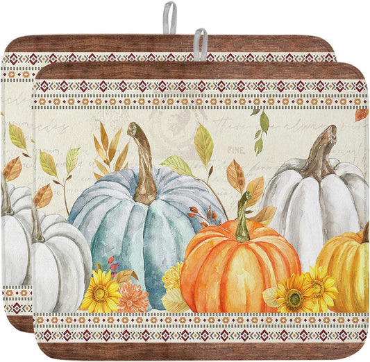 Fall Dish Drying Mat for Kitchen Counter Pumpkin Drying Pad Absorbent Drying Mats for Countertops Sinks Draining Racks Sunflower Eucalyptus Leaves Drainer Holiday Harvest Thanksgiving Decor 18x24