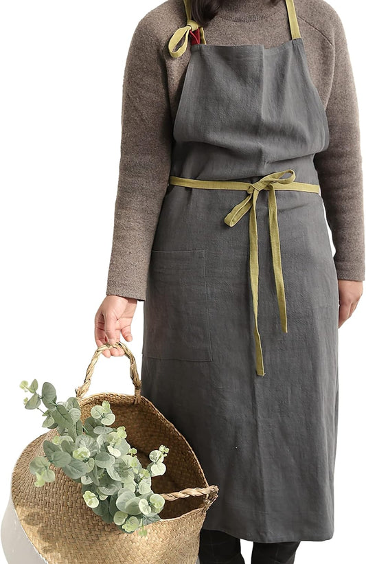 HANEE Kitchen Apron for Women & Men (9 Colors) Linen Cooking Aprons with pocket