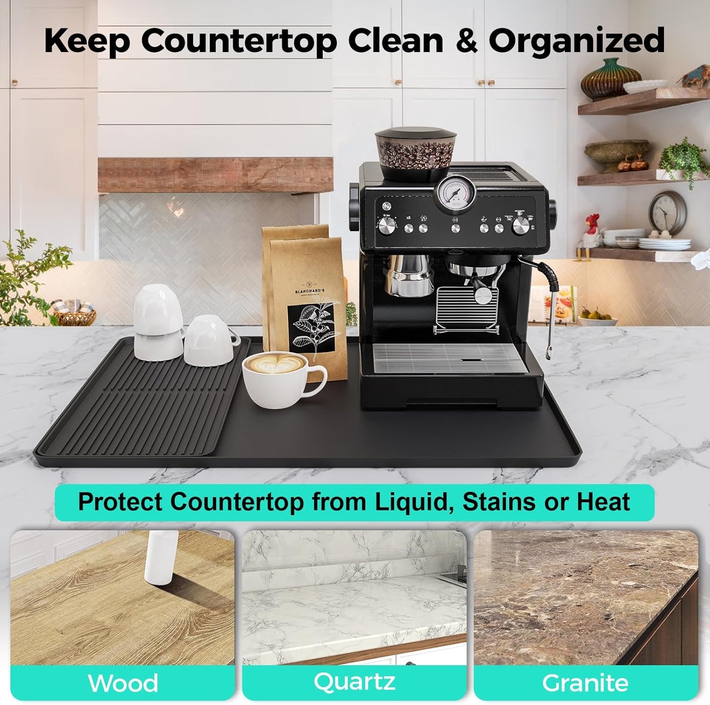 2-in-1 Coffee Mat & Dish Drying Mat Coffee Bar Mats for Countertop Coffees Matt for Counter Silicone Coffees Espresso Machine Station Mats Under coffee Maker Spill Mat Countertops Pot 24×16inch