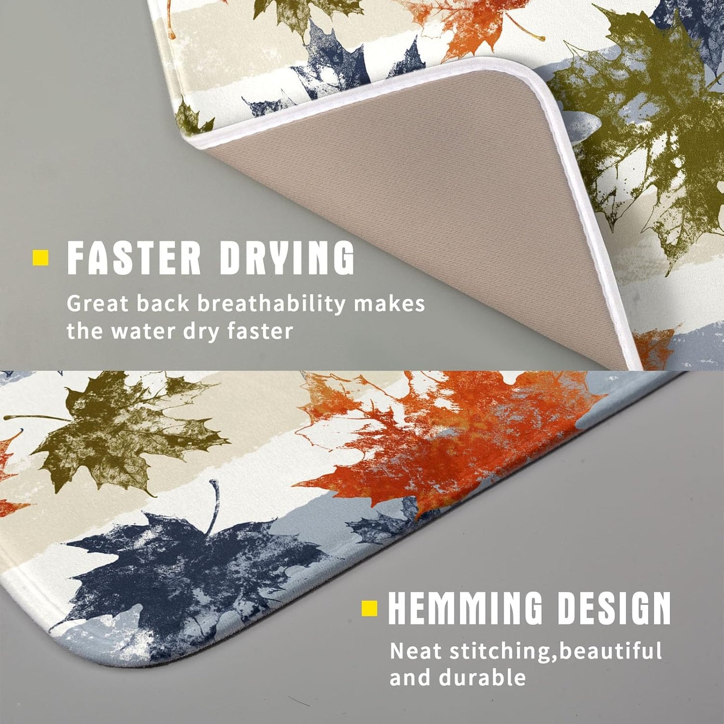 Autumn Colorful Maple Leaves Dish Drying Mat for Kitchen Counter,Blue and White Stripe Drying Mat 16 x 18 Inch with Absorbent Reversible Microfiber Dish Drying Pad Dish Rack Drainer Mat for Coffee Bar