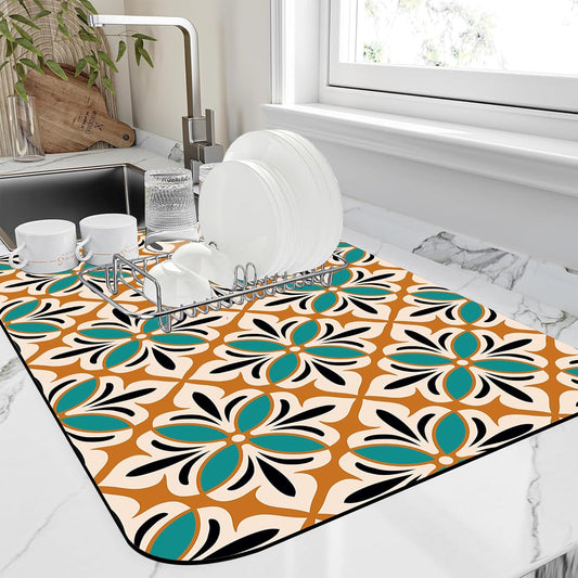 Dish Drying Mat Abstract Floral Kitchen Mat 12"x19" Bsorbent Coffee Maker Mat for Dishes,Utensils Coffee Maker Pots and Pans Easy Clean Dish Slip Resistant Pad