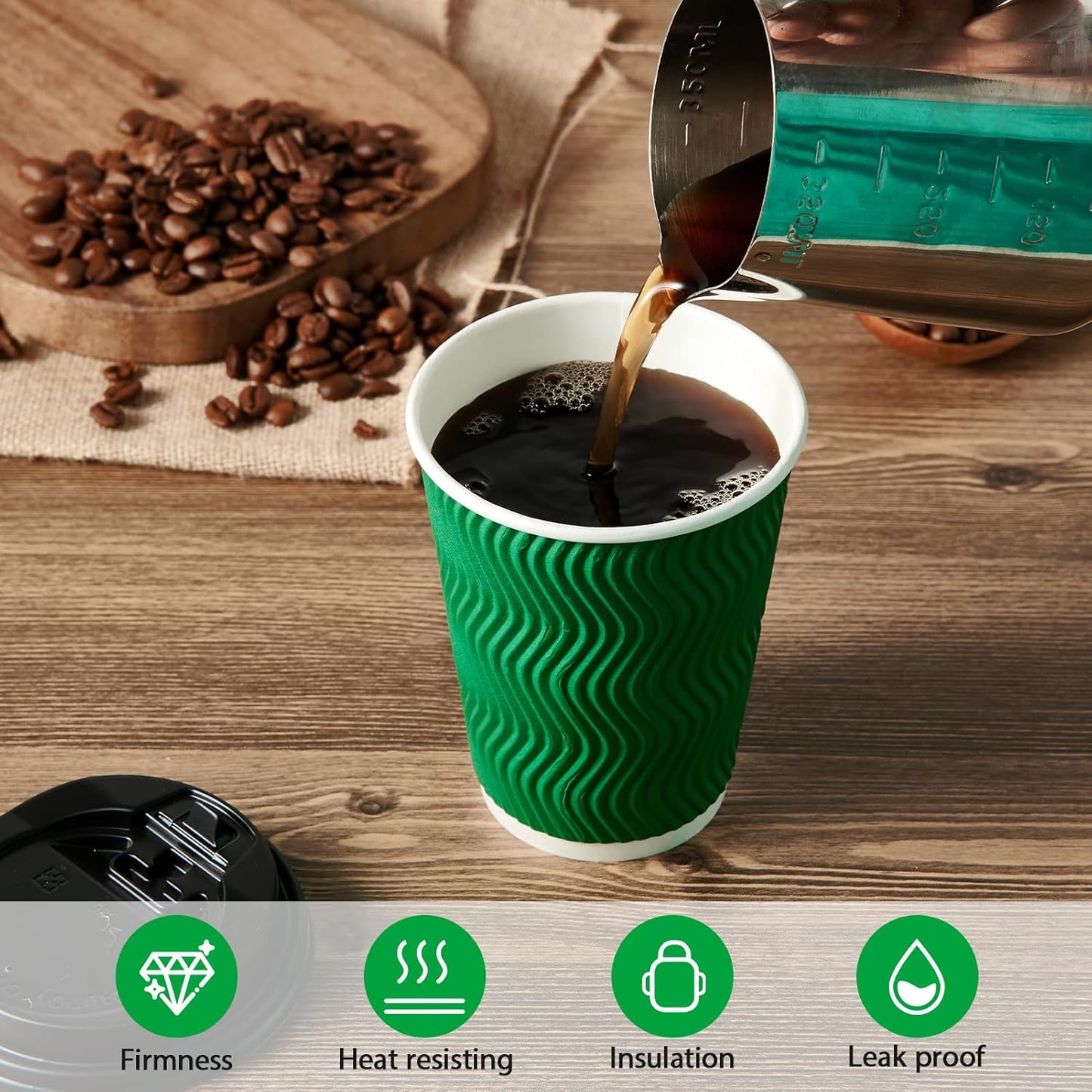 100 Count 12 OZ Coffee Cups with Lids, Insulated Ripple Wall Paper Hot Coffee Paper Cups for Hot Drinks