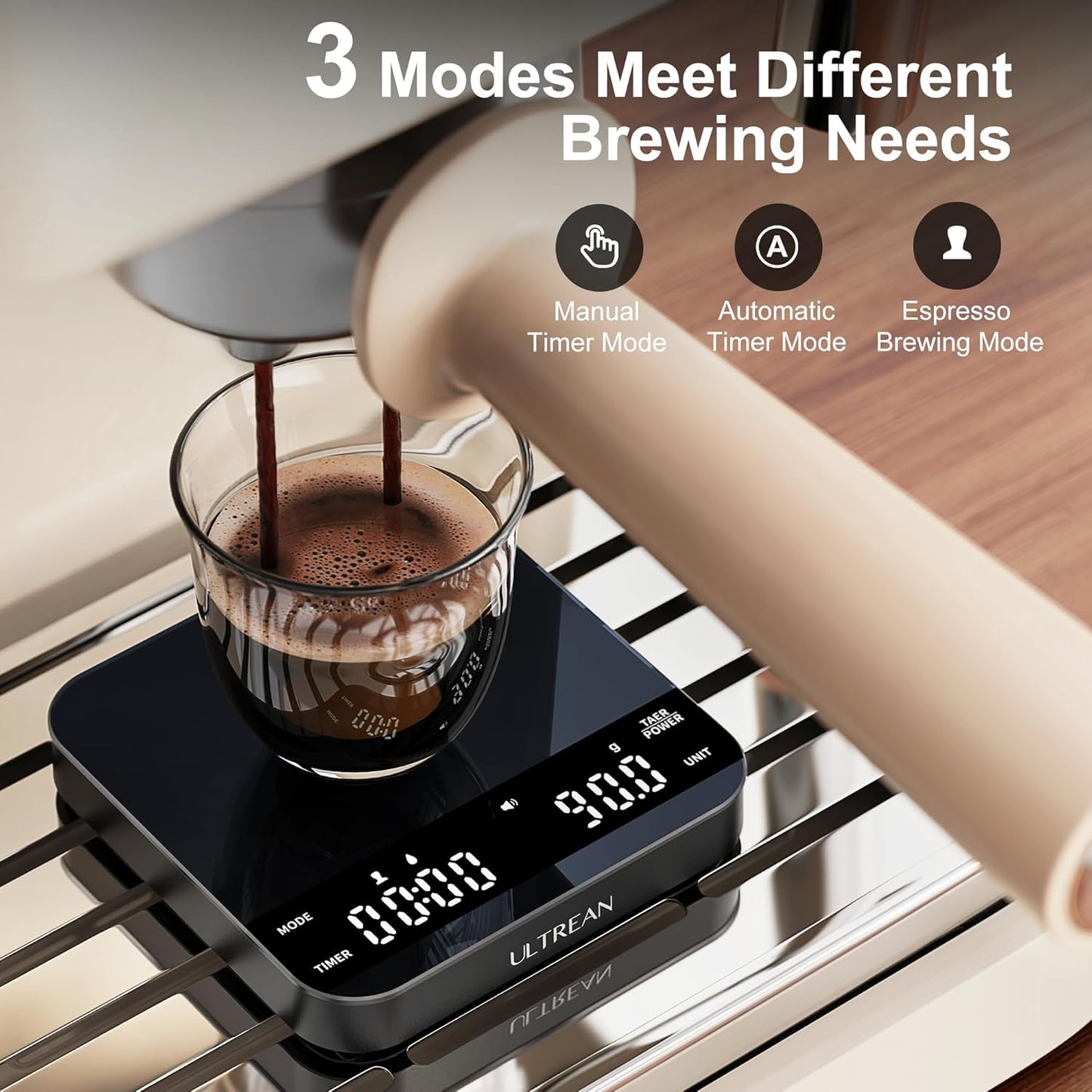 Ultrean Mini Coffee Scale with Timer, Rechargeable Espresso Scale, 2kg/0.1g Accurate Scale for Espresso and Pour-Over Coffee, Portable Digital Kitchen Scale with 3 Brewing Modes