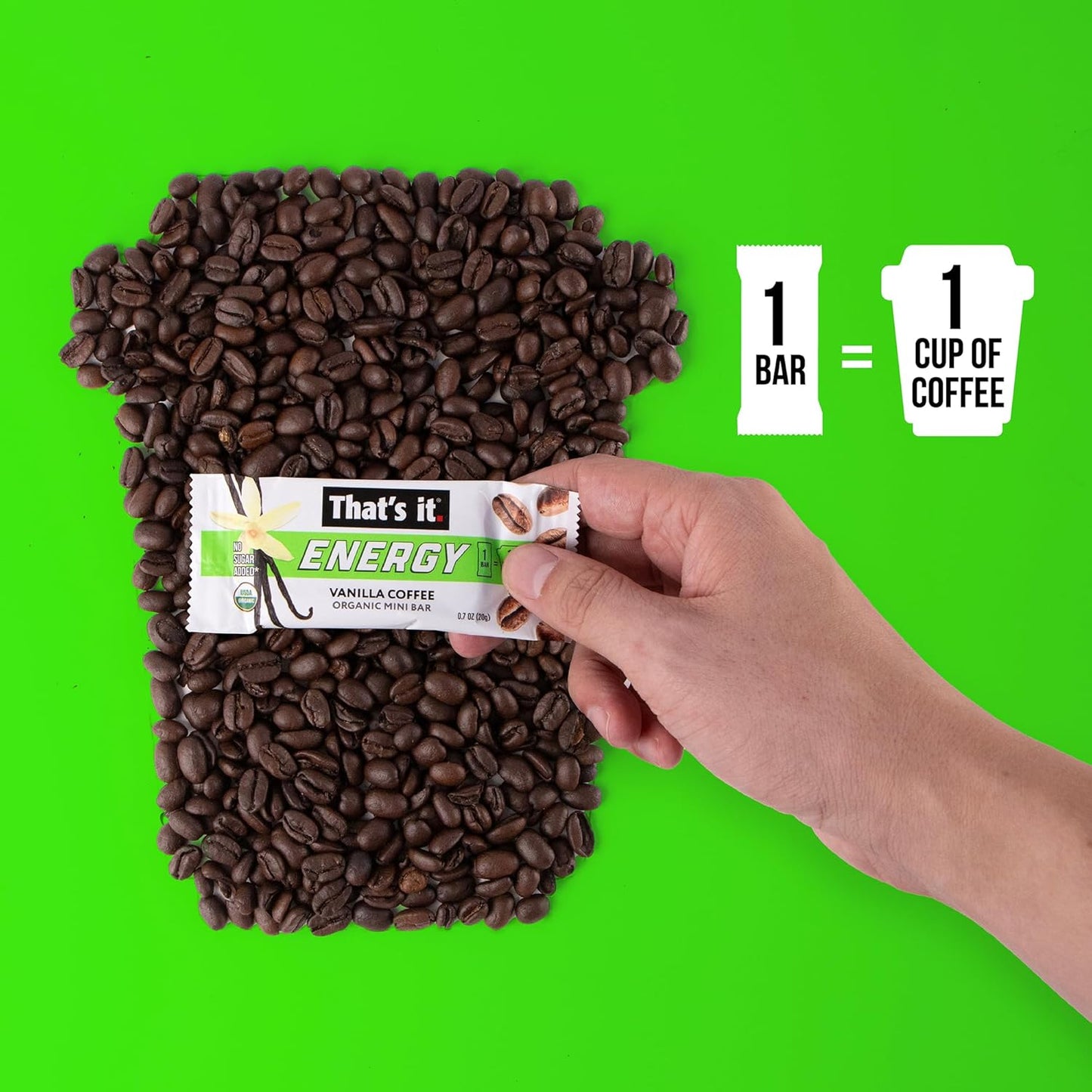 That’s it. Organic Energy Coffee Mini Bars - (1 Mini Bar = 1 Cup of Coffee) Grab and Go, No Added Sugars, Non-GMO, Caffeine Power Snack, Kosher, Allergy Friendly (Vanilla Coffee - 15 Count)