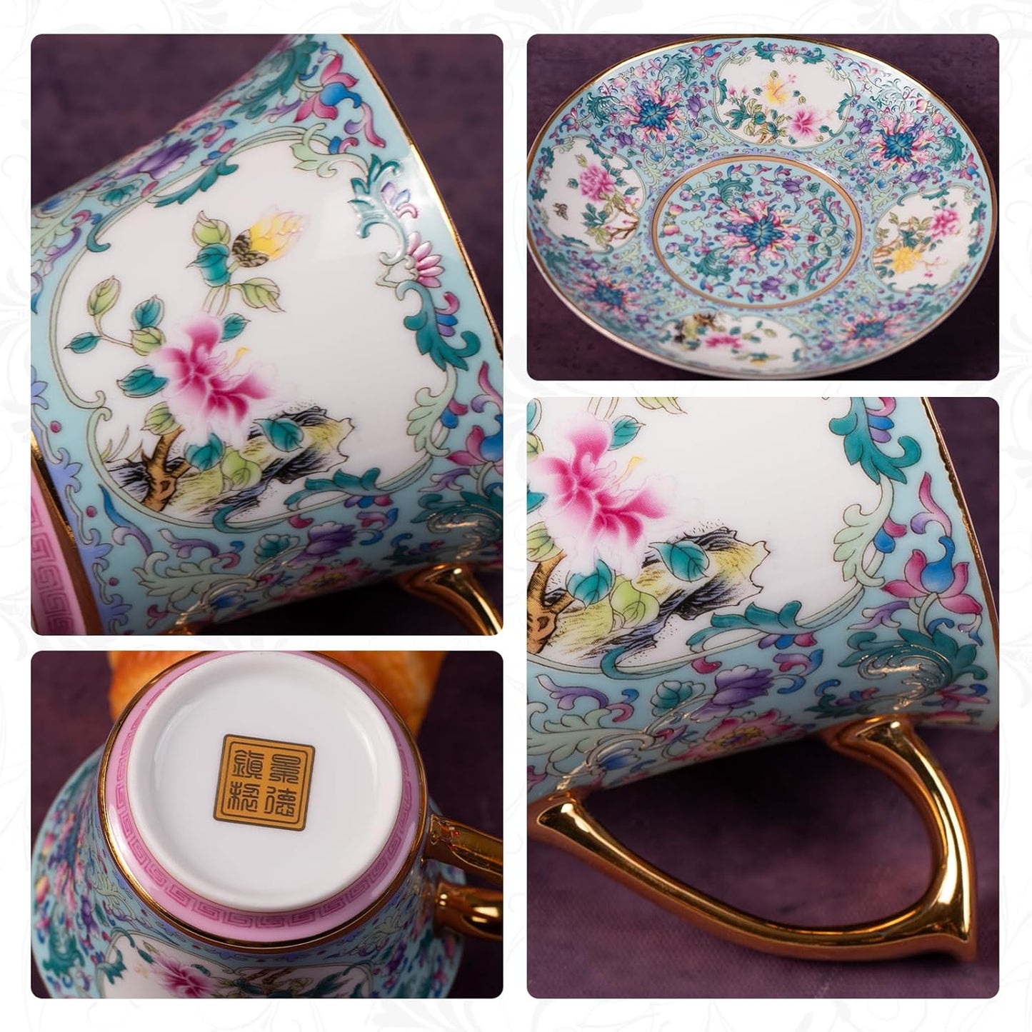 KAMMAK Tea Cups and Saucers Set of 2, Porcelain Coffee Cups with Saucer for Espresso, Cappuccino, 8oz Vintage Pink and Blue Ceramic Demitasse Mug for Home, Tea Party, Office