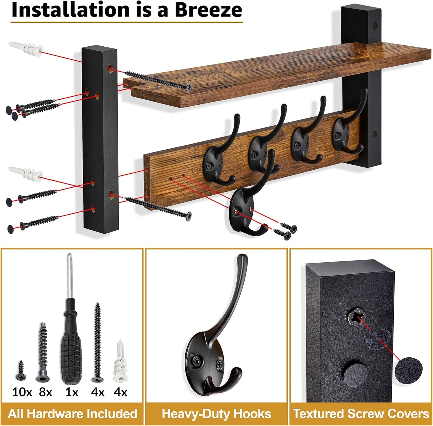 Sorbus Coat Hooks Wall Mount with Shelf – 16 Inch Coat Rack Wall Mount with 5 Heavy Duty Hooks – Floating Wall Shelf with Hooks for Entryway, Bathroom, Bedroom, Kitchen, or Mudroom (Rustic Brown)