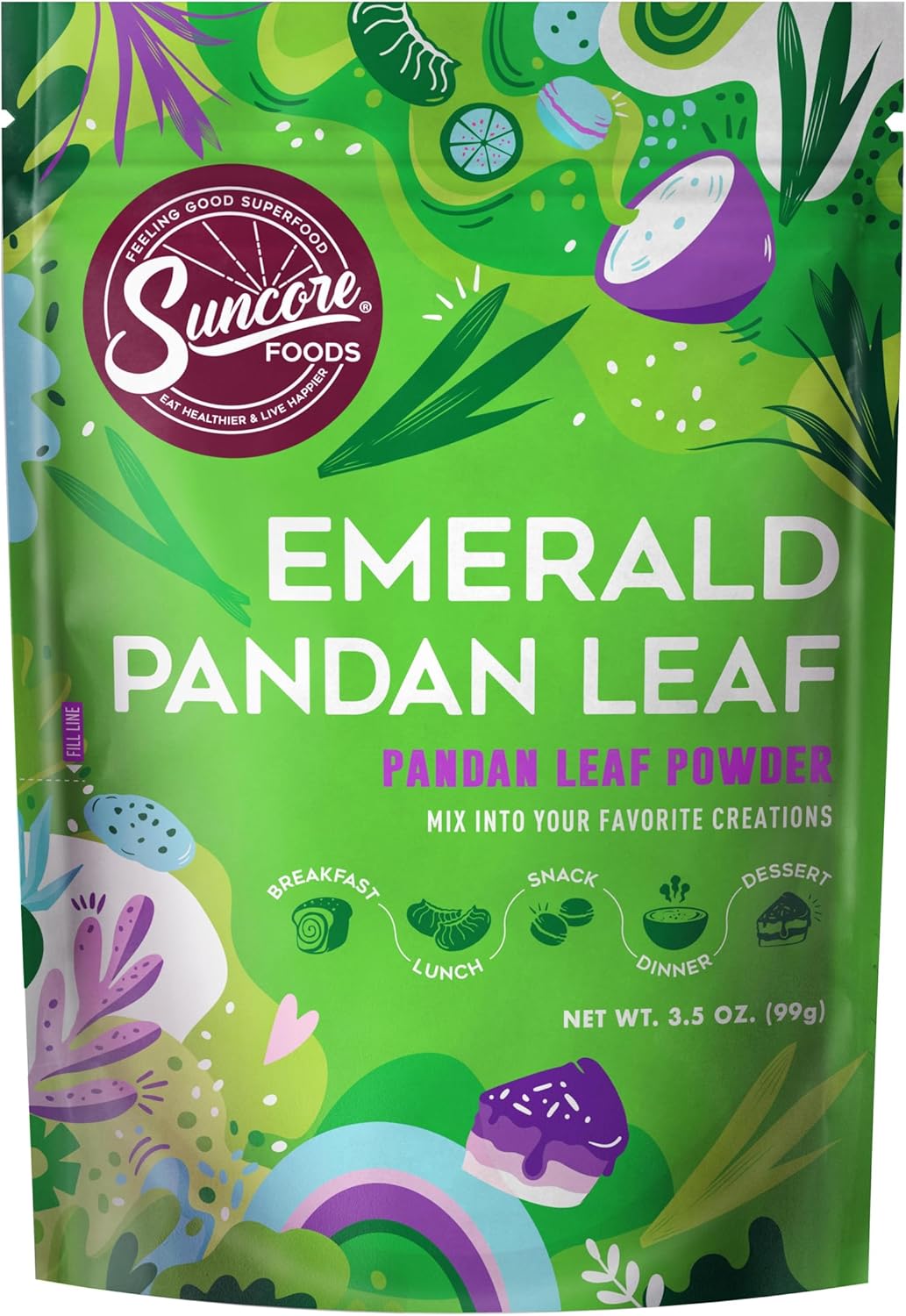 Suncore Foods Emerald Pandan Leaf Powder, Green Food Coloring Powder, Gluten-Free, Non-GMO, 3.5oz (1 Pack)