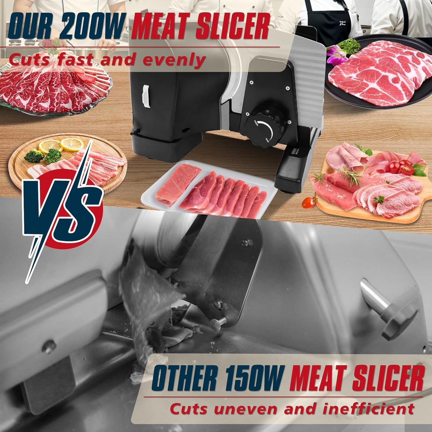 Meat Slicer, 200W Electric Food Deli Slicer with Adjustable Thickness and 2 Removable 7.5 Inch Stainless Steel Blades for Cheese and Bread, Ideal for Home (0-18 mm/0-0.7 Inches)