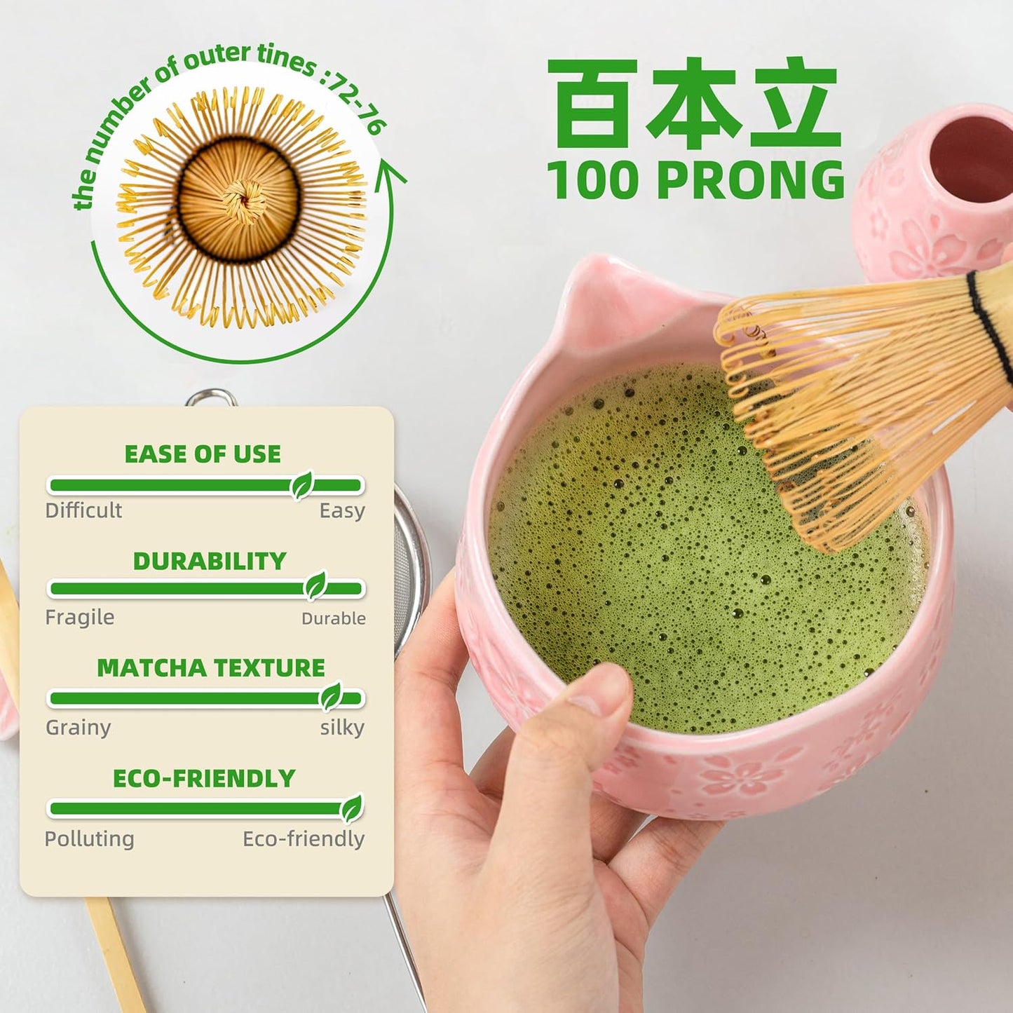 TEANAGOO 7-PCS Pink Matcha Whisk Set with Cherry Blossom Design, Complete Ceremony Kit, Ceramic Chawan Bowl with Spout, Whisk & Accessories, Traditional Matcha Tea Set for Lattes& Gift Giving