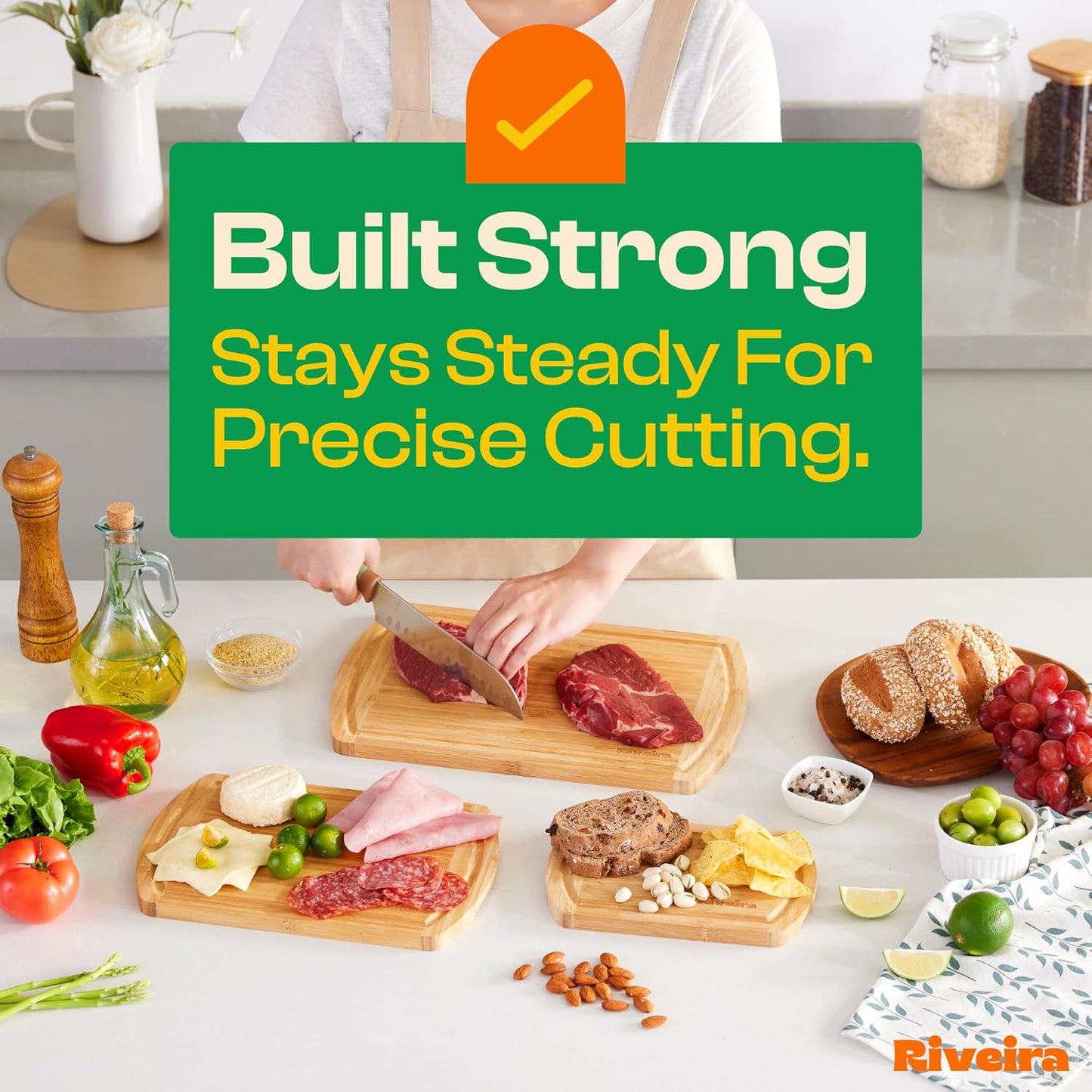 Riveira Two Tone Bamboo Wood Cutting Board – Gourmet Bamboo Grandeur: 8 x 8 Wooden Cutting Board – Wooden Cutting Boards For Kitchen Decorative – Innovative Juice Grooves Wooden Chopping Board