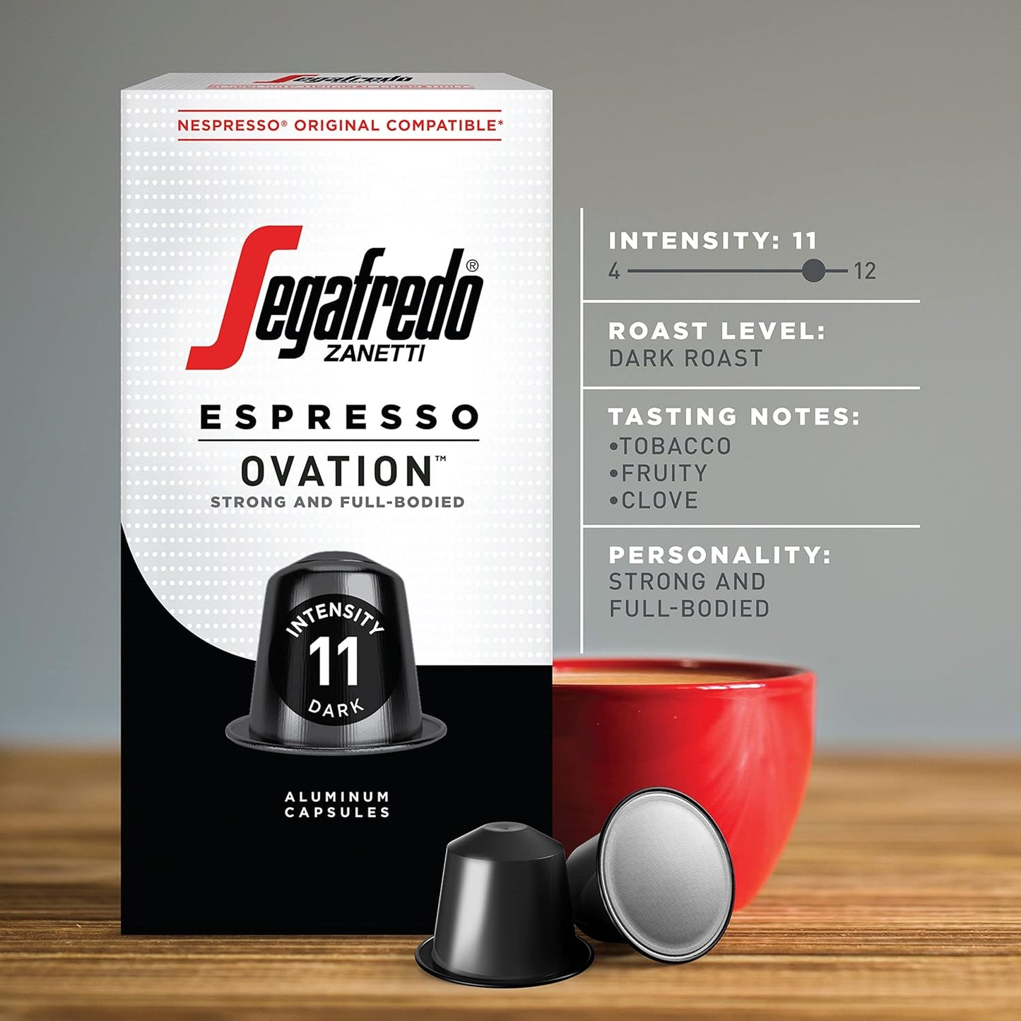 Segafredo Zanetti Espresso Capsules – Aluminum Pods for Nespresso Original Machines – Dark Roast Premium Espresso with a Full-Bodied Aroma – Strong, Intensity 11 – Ovation, 10 Count