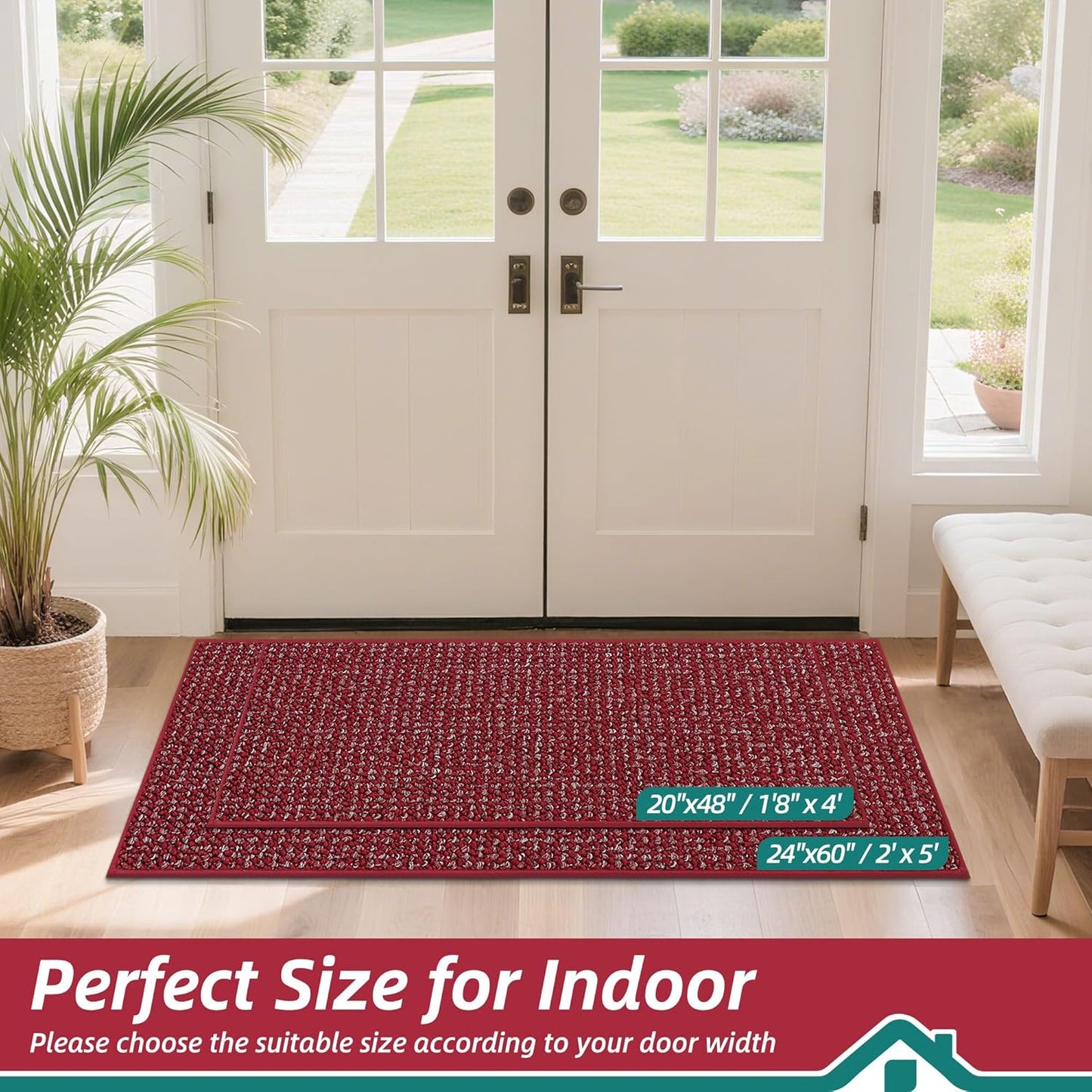 BEQHAUSE Dirt Trapper Door Mat 20" x 48", Non-Slip Washable Doormats Entrance Mat, Dirt Resistant and Absorbent Welcome Mat, Low Profile Floor Mats for Front Back Door and Entryway, Red