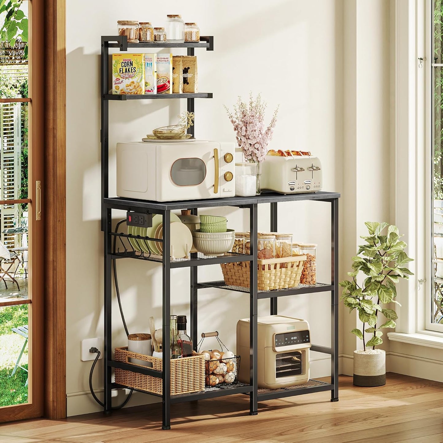 Huuger 31.5 Inch Bakers Rack with Power Outlets, Kitchen Microwave Stand with Storage, Coffee Bar with 4 Hooks, 3-Level Height Open Shelves, Grey