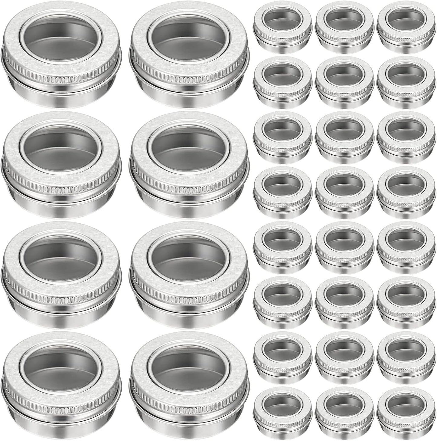 Zubebe 50 Pcs Aluminum Tin Jar Refillable Containers Clear Top Screw Lid Round Tin Container Bottle for Cosmetic, Cream, Diamond Painting, Salves, Balms, Lip Balm, Spices or Others, Silver (1 oz)