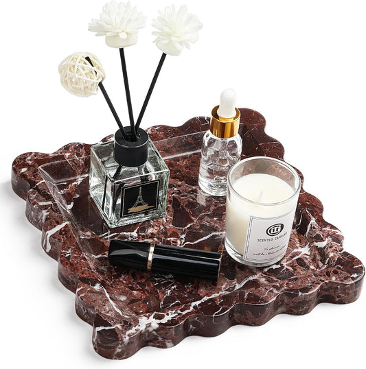 Natural Marble Vanity Tray - Moujings Genuine Marble Perfume Tray for Bathroom Decor, Stone Bathroom Vanity Organizer Tray for Kitchen Counter, Candles, Jewelry, Coffee, Makeup, Key