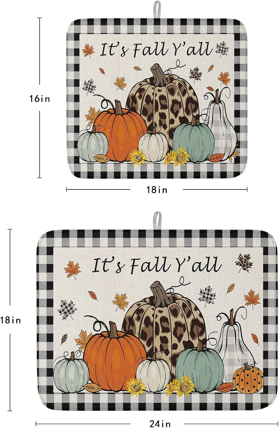 Fall Dish Drying Mat for Kitchen Counter Pumpkin Drying Pad Absorbent Drying Mats for Countertops Sinks Draining Racks Maple Leaves Black Buffalo Plaid Drainer Holiday Harvest Thanksgiving Decor 16x18