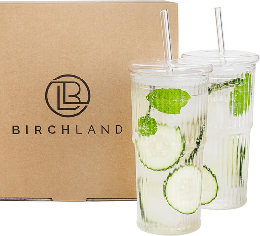 All Glass Iced Coffee Cup with Lid and Straw, Ribbed Glass Tumbler Set of 2 (22 oz ribbed)