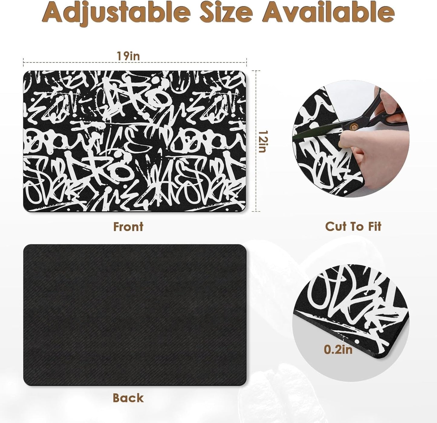 Arttown Coffee Mat for Countertops, Graffiti Abstract Letters Old School Black Dish Drying Mat 2 Pcs for Kitchen Bar Accessories, Coffee Maker Espresso Machine Dish Rack Hide Stain Rubber 12x19in