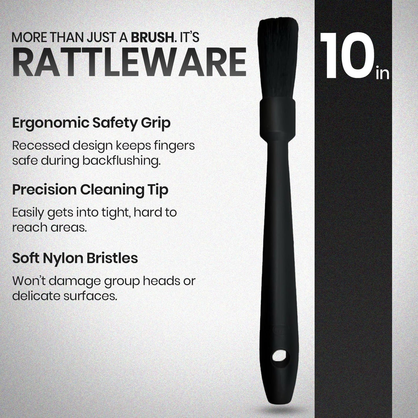 Rattleware 10" Black Espresso Machine Grinder Brush, Long Durable Handle Coffee Grinder Cleaning Brush - Ideal for Home, Cafe, Restaurant, or Hotel - Trusted By Baristas