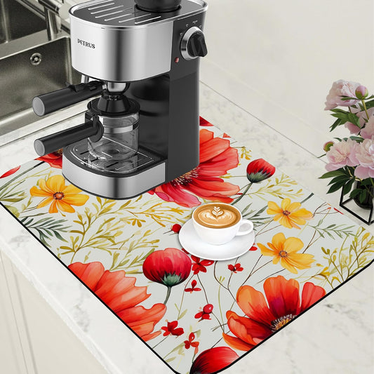 Red and Yellow Flowers Coffee Mat Absorbent Dish Drying Mat for Kitchen Counter Hide Stain Rubber Backed Coffee Bar Accessories Fit Under Espresso Machine Dish Drainer, 15.7 x 23.6 Inch