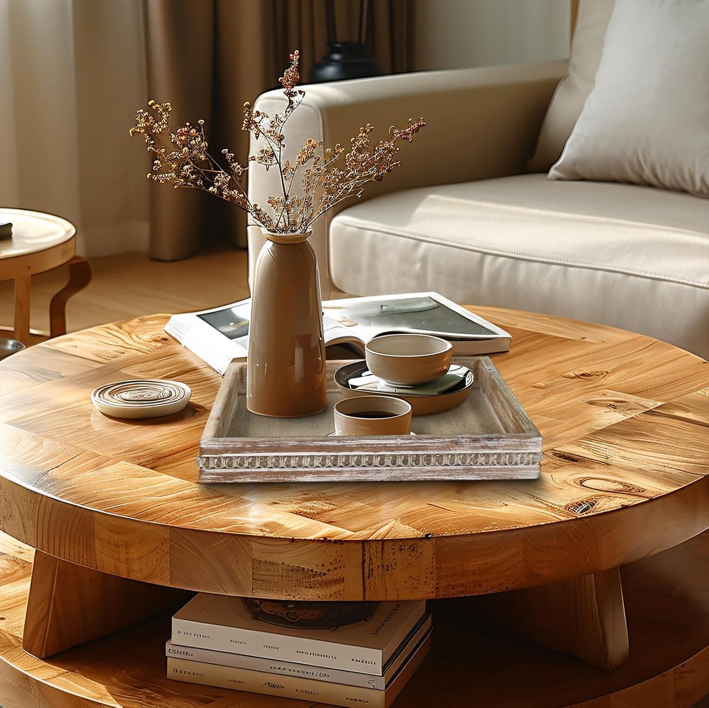 MAONAME Wood Serving Tray, Farmhouse Wooden Tray for Coffee Table, Rustic Square Trays with Beads, Washed White Decorative Trays for Living Room, Kitchen, 12" X 12" X 1.6"