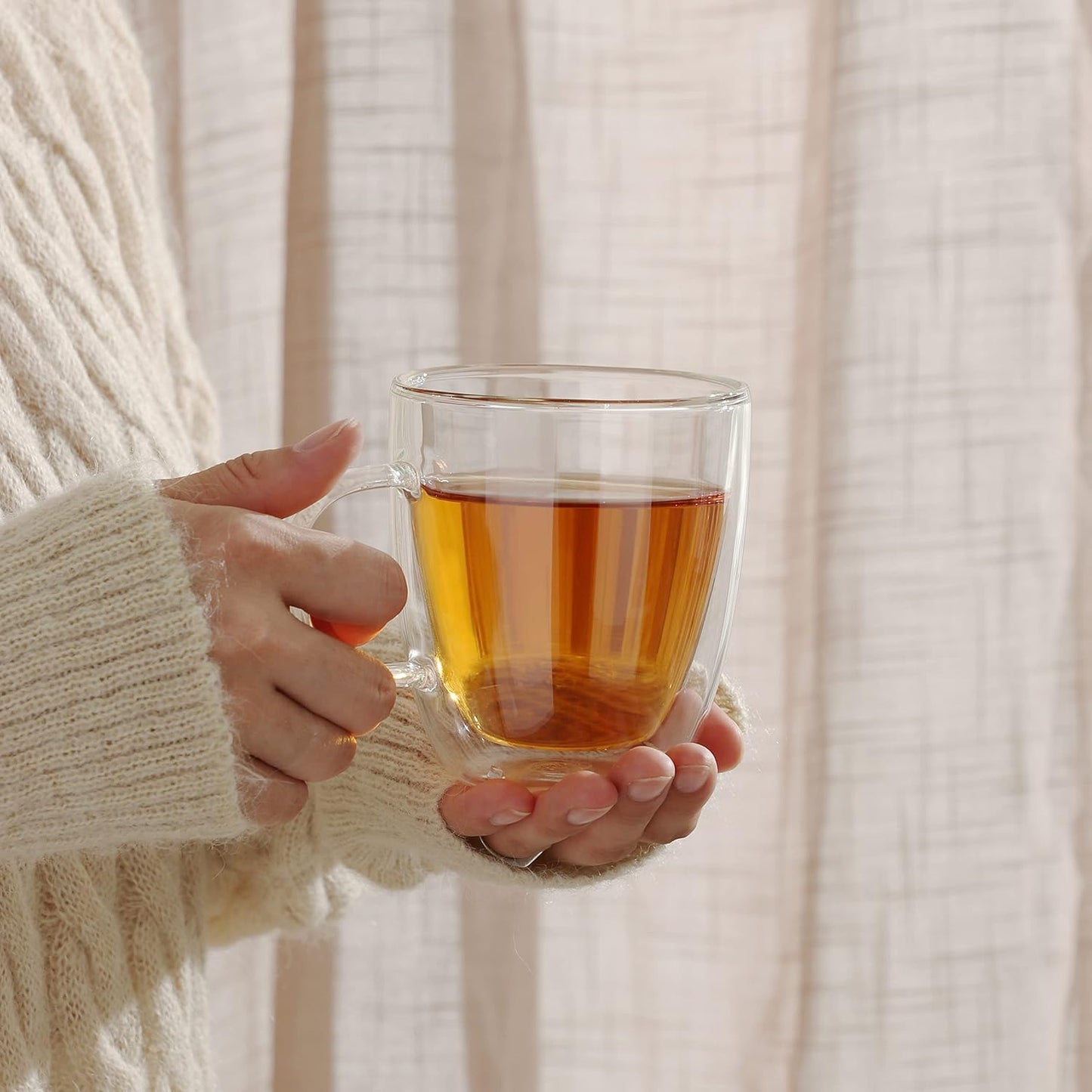 CNGLASS Double Wall Glass Coffee Mugs 12 oz,Insulated Glass Coffee Cups with Handle,Clear Espresso Mugs for Cappuccino,Latte,Tea Bags,Hot and Cold Beverages,Set of 2