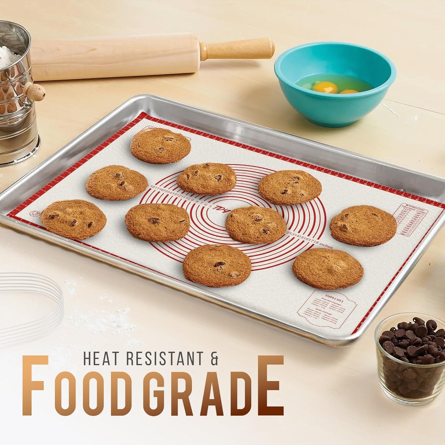 36 * 24 inches Red, Non-Slip Silicone Baking Sheets - Baking Mat with 0.7mm Thickness - Non-Stick Pastry & Cookie Mat for Kitchen Counter for Rolling Out Dough with Measurements.