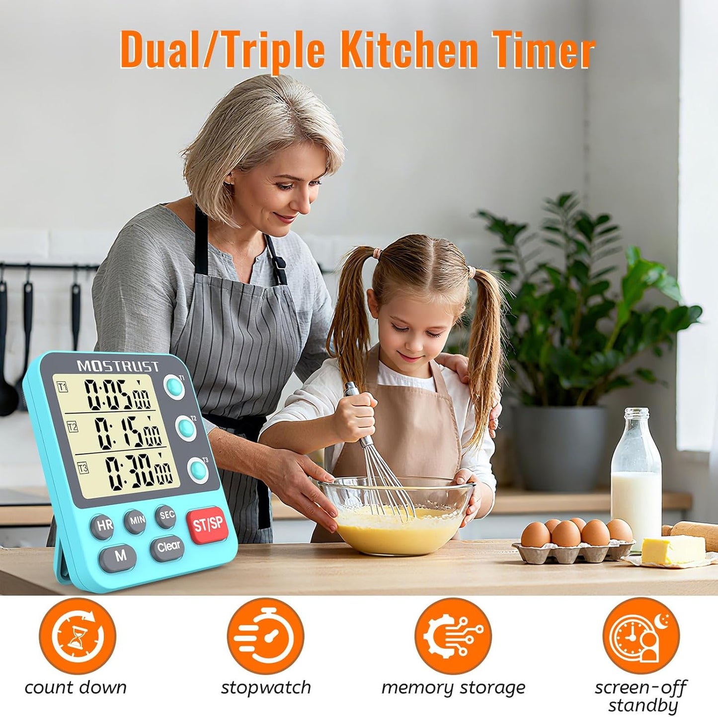 Digital Dual Kitchen Timer, 3 Channels Countdown Triple Timer for Cooking, Magnetic Memory-Preset Large-Display Adjustable Alarm Volume, Multi Times Management, 3A Battery Included, Blue
