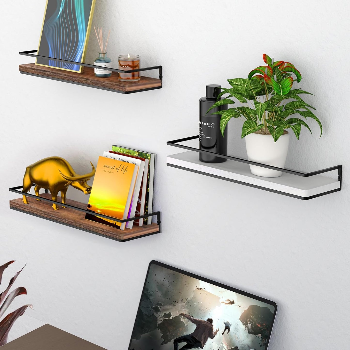 Meangood Floating Shelves Wall Mounted Set of 2, Wall Shelf with Towel Bar Rustic Wood Wall Storage Shelves for Bedroom,Living Room,Bathroom, Kitchen Rustic Brown