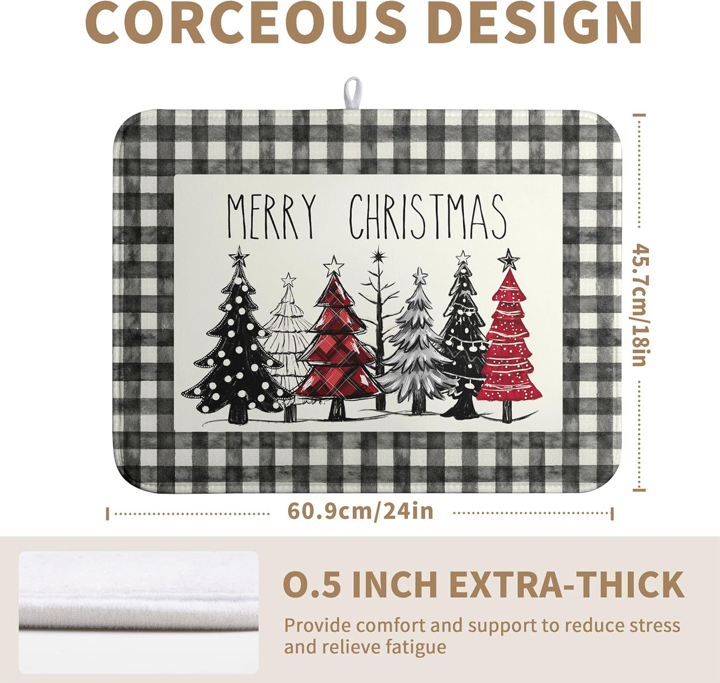 Merry Christmas Dish Drying Mat Buffalo Plaid Large Kitchen Mats Dish Drying Pad Xmas Christmas Tree Absorbent Dish Dryer Mat for Kitchen Countertops Microfiber Drainer Pad Dish Drying Mats (18x24 in)
