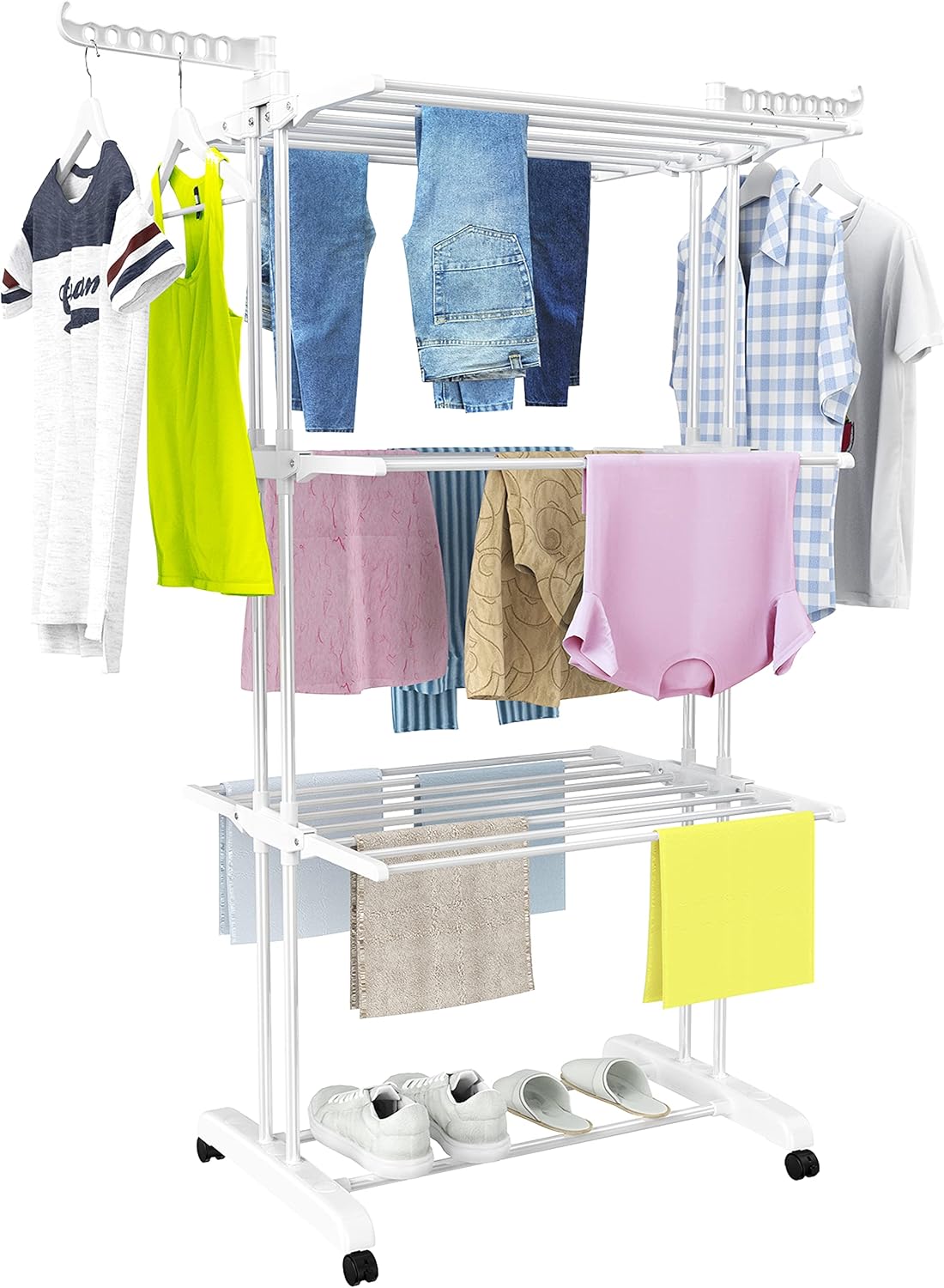HOMIDEC Clothes Drying Rack, Large 4-Tier Foldable Drying Rack Clothing(67.7H x 19.7W x 30L Inches), Movable Drying Rack with 4 castors. Multifunctional Stainless Steel Laundry Drying Rack, White