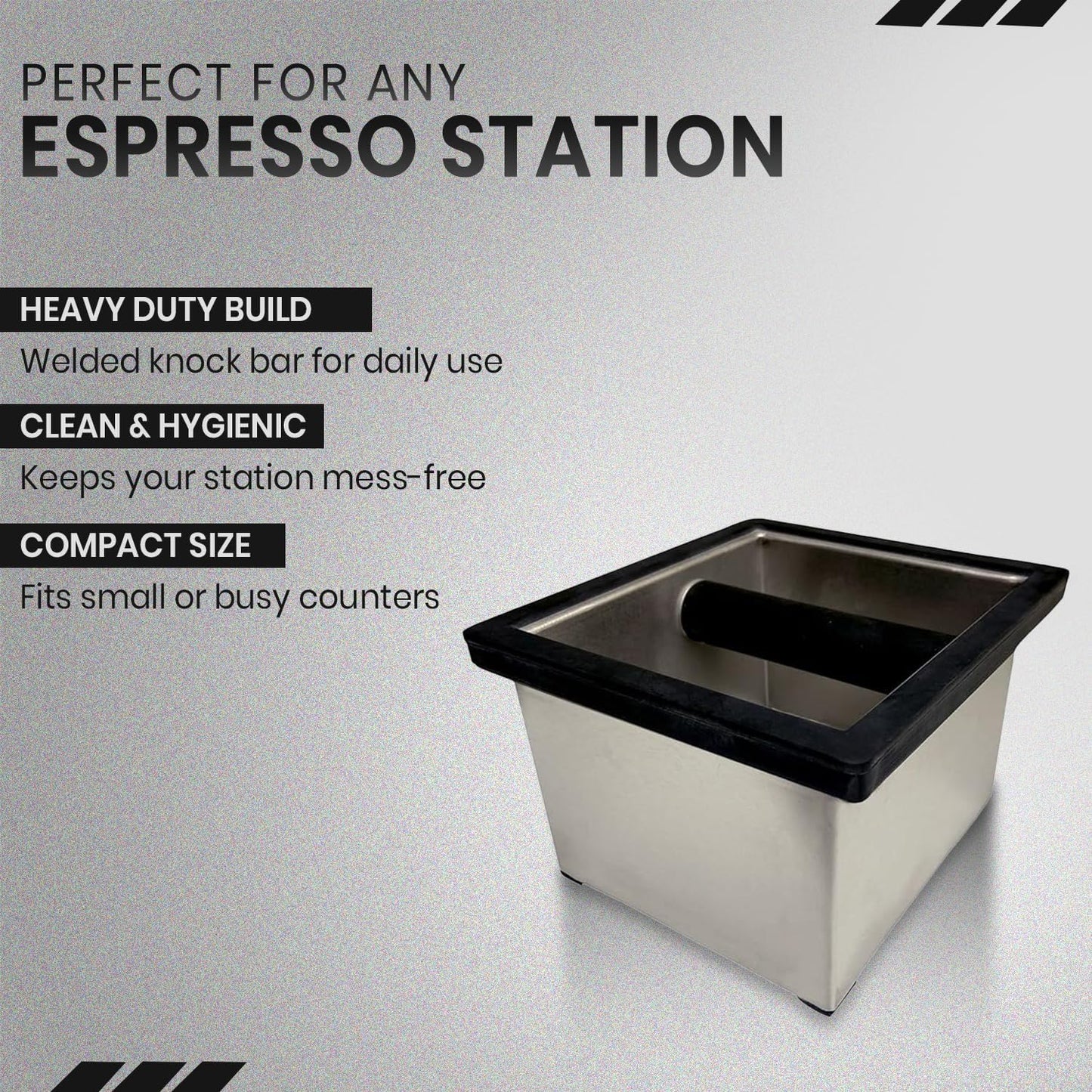 Rattleware Heavy-Duty Stainless Steel Knock Box Espresso Puck Disposal with Welded Bar Splash Guard, Ideal for Home, Cafe, Restaurant, Hotel, Coffee Bar, or Espresso Station (6" x 5.5" x 4")