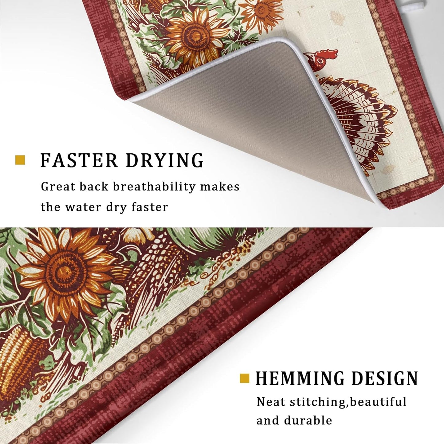 Rustic Turkey Dish Drying Mat for Kitchen Countertop 18x24 inch Fall Thanksgiving Pumpkin Sunflowers Harvest Dish Drainer Mats Fast Drying Farmhouse Country Style Dish Drying Pad Holiday Decor Large